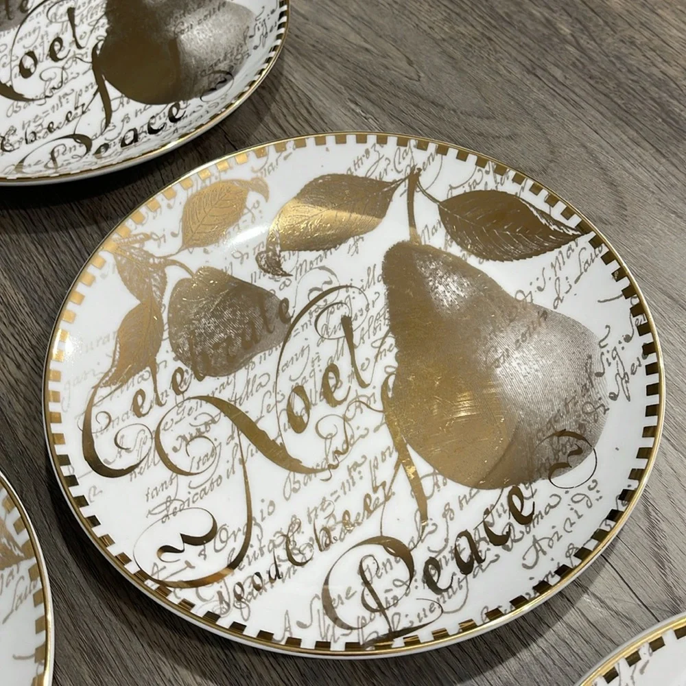 Restoration Hardware Christmas 8”Plates Holiday Gold Pear Noel Peace Set